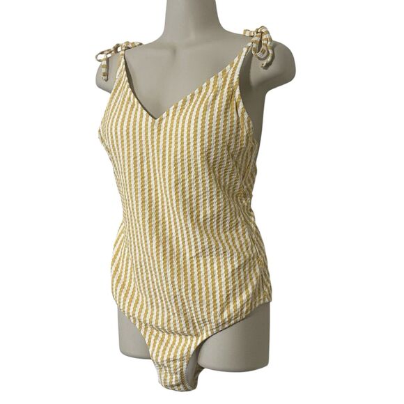 Jessica Simpson Striped Seersucker One Piece Swimsuit Mustard Yellow White Sz L - Picture 7 of 13